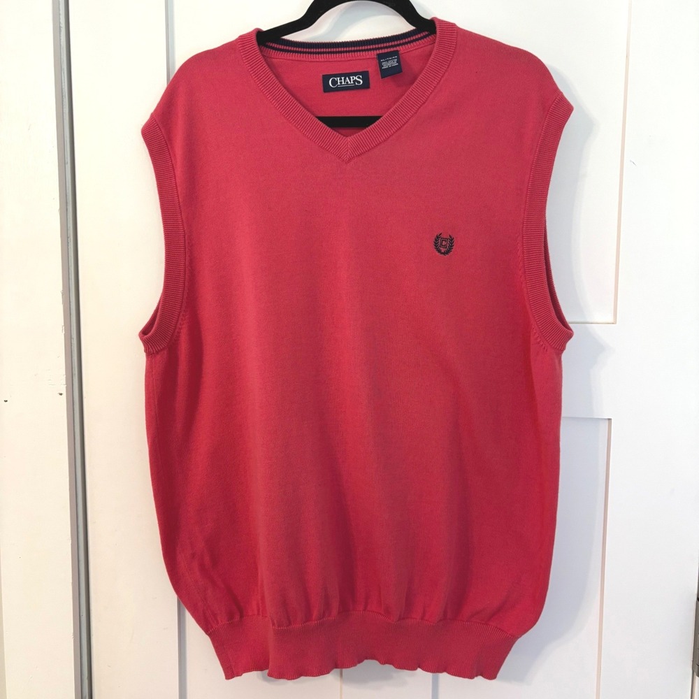 Chaps Mens Pink V-Neck Cotton Knit Sweater Vest XL Embroidered‎ Logo Preppy Golf